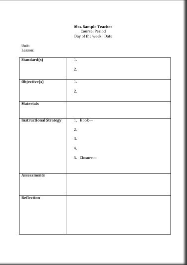 Daily Lesson plan template for common core